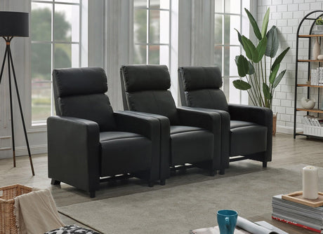 Front view of Toohey black upholstered tufted recliner set with three pieces
