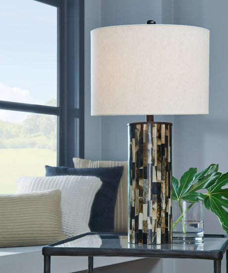 Ellford table lamp front view showing mosaic resin base and fabric shade