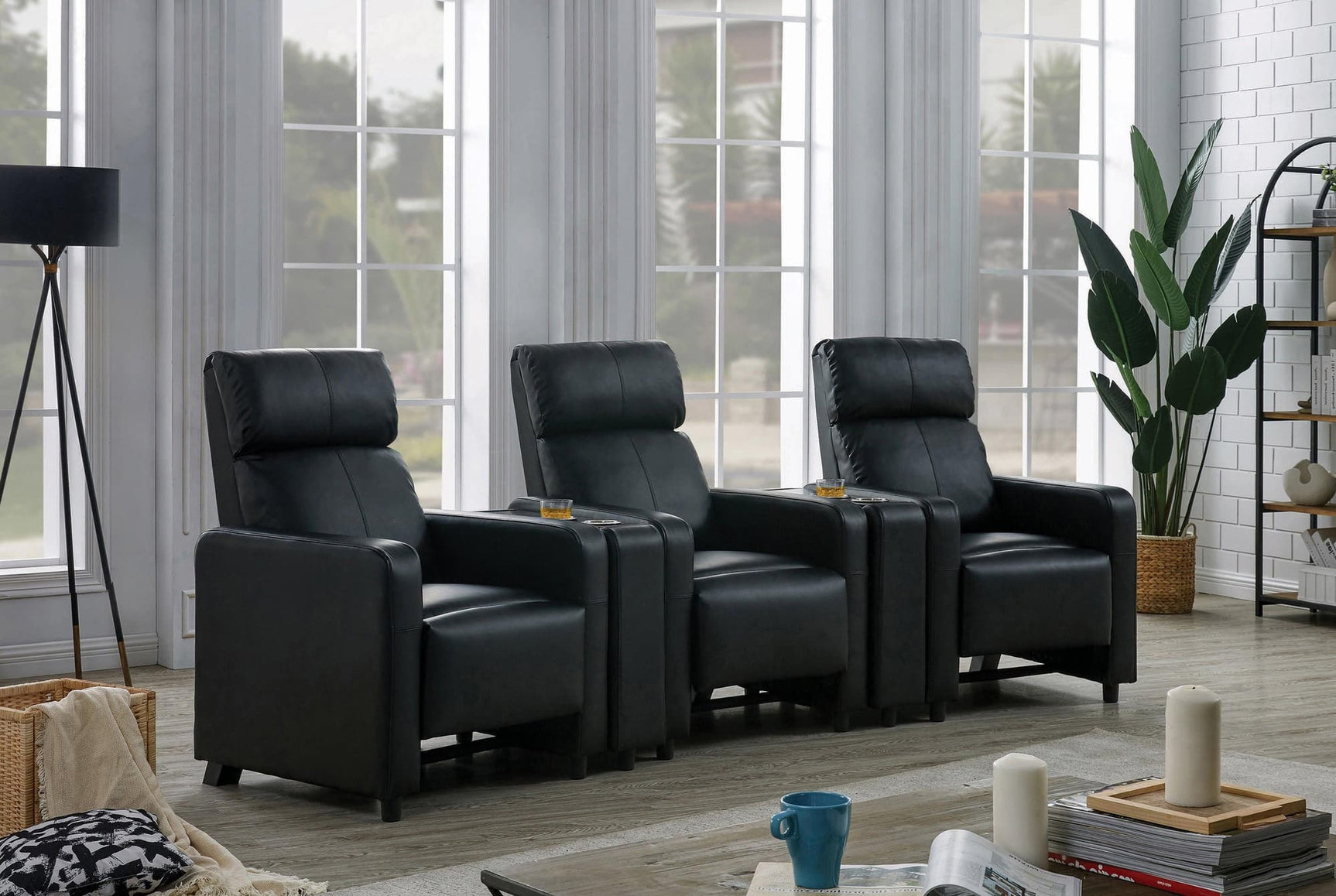 Toohey black upholstered tufted 3-seater recliner home theater set front view