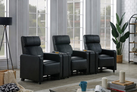 Toohey black upholstered tufted 3-seater recliner home theater set front view