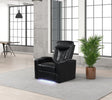 Topgun black leather gel power recliner with Bluetooth speaker and LED light from front angle