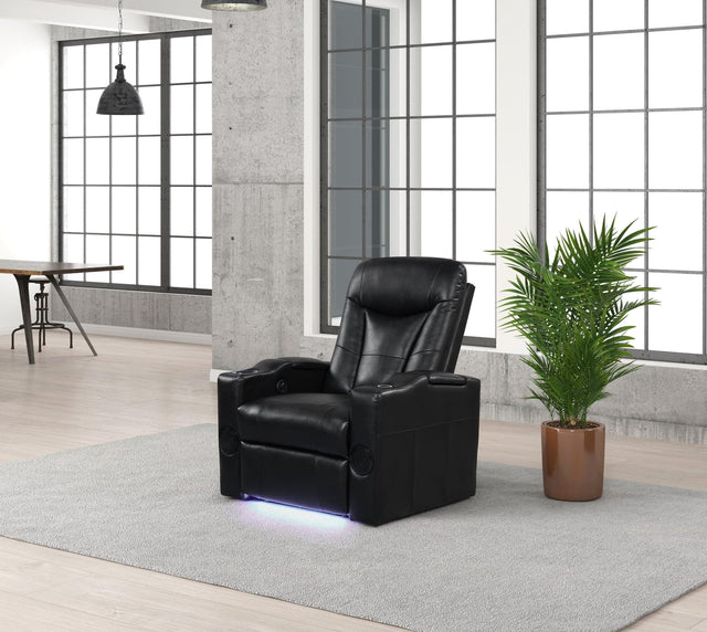 Topgun black leather gel power recliner with Bluetooth speaker and LED light from front angle