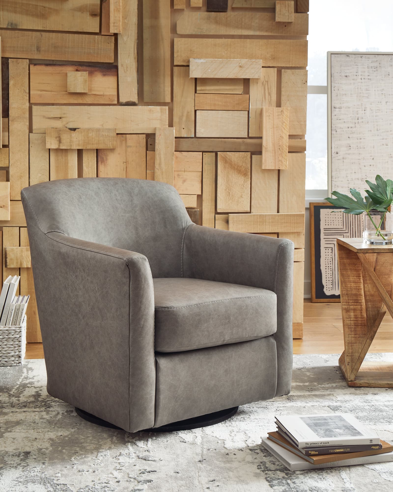 Bradney Fossil Leather Swivel Accent Chair front angle view