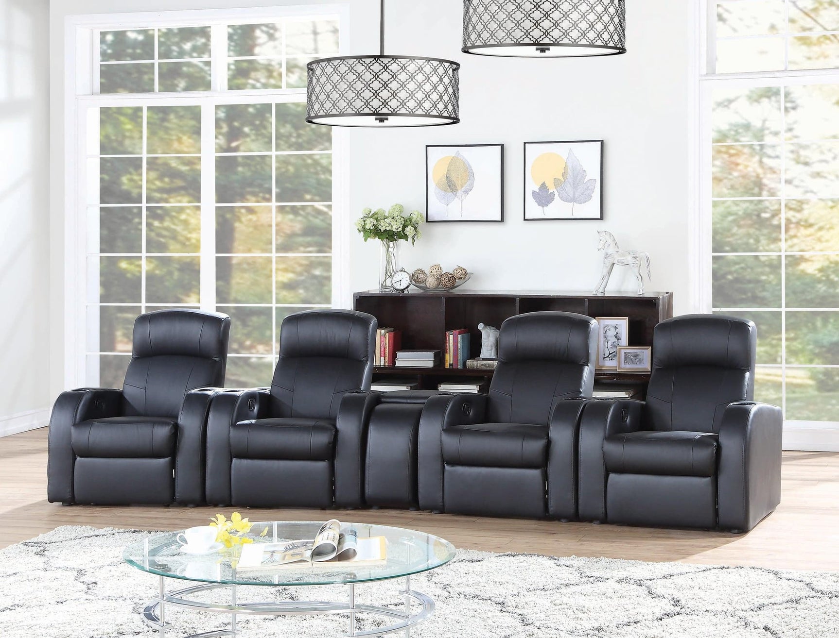 Cyrus black upholstered recliner living room set front view