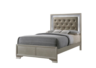 Front angle of Lyssa Champagne Full LED Faux Leather Upholstered Tufted Panel Bed