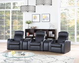Cyrus black upholstered recliner home theater set, angled view