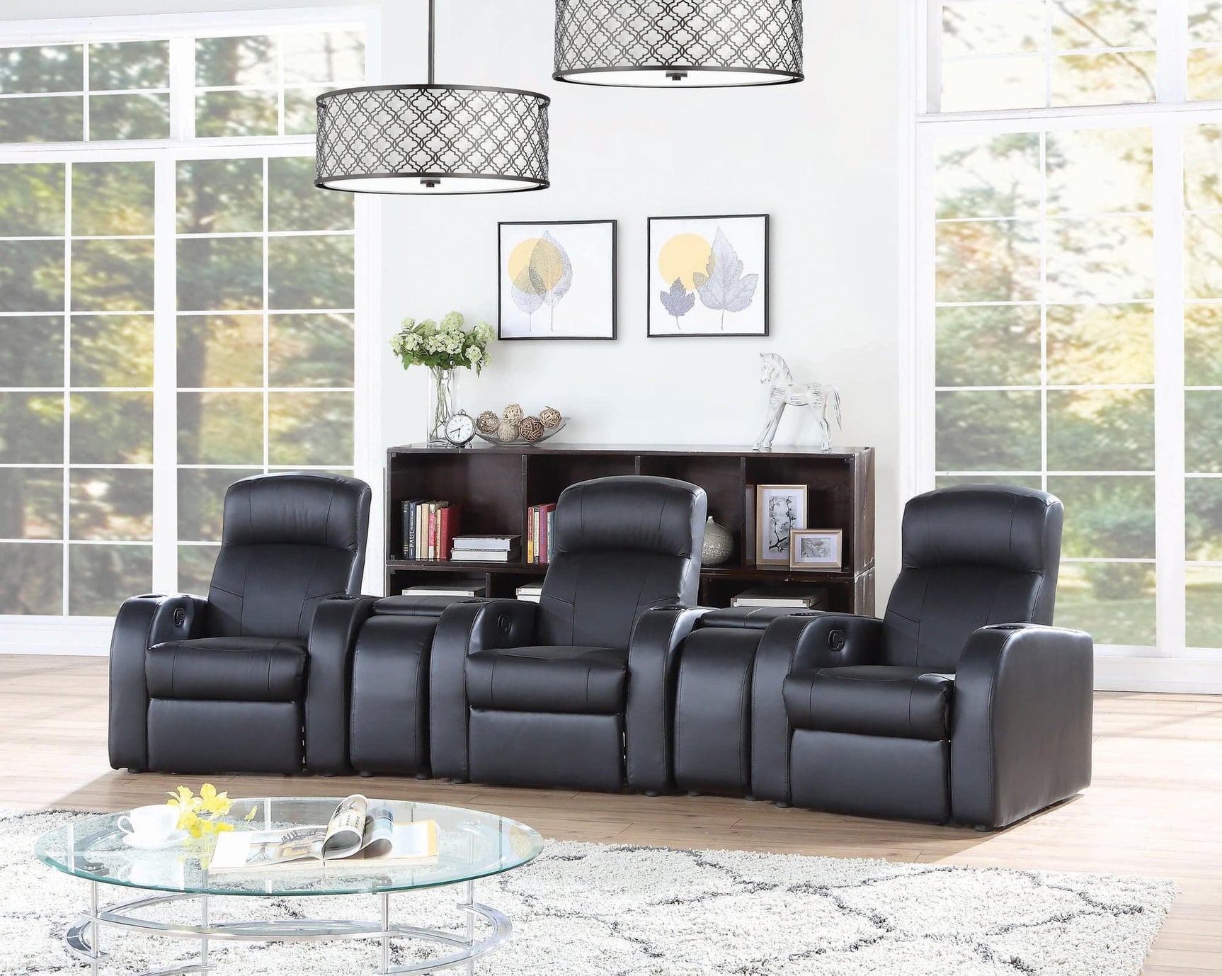 Cyrus black upholstered recliner home theater set, angled view