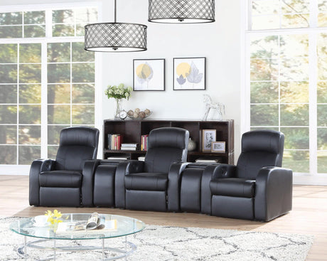 Cyrus black upholstered recliner home theater set, angled view