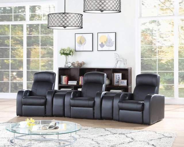 Cyrus black upholstered recliner home theater set, angled view