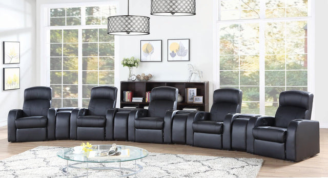 Cyrus black upholstered home theater recliner front view