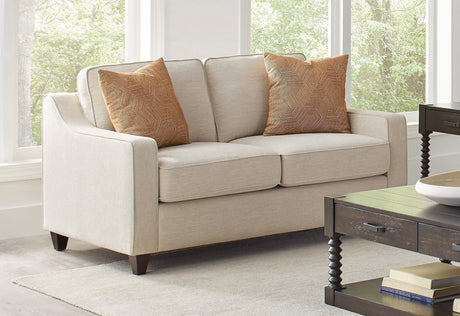 Christine beige upholstered loveseat front angle showing cushion details