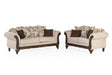 Cream chenille fabric upholstered sofa and loveseat set front view