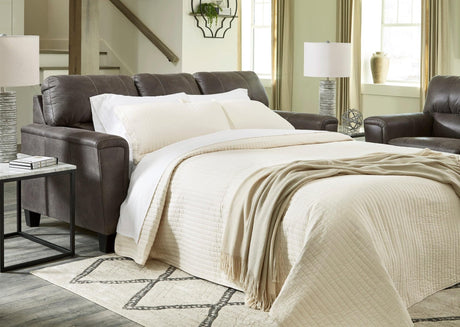 Smoke upholstered queen sofa sleeper with faux leather and fabric upholstery - front view