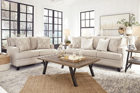 Ashley linen fabric upholstered sofa and loveseat set front view