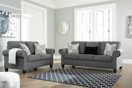 Ashley charcoal fabric upholstered sofa and loveseat set front view