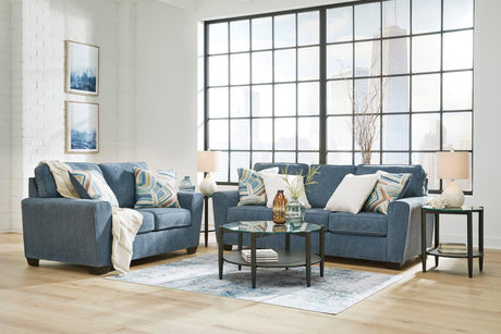 Ashley Blue Fabric Upholstered Sofa Loveseat front view showing blue fabric and wooden base