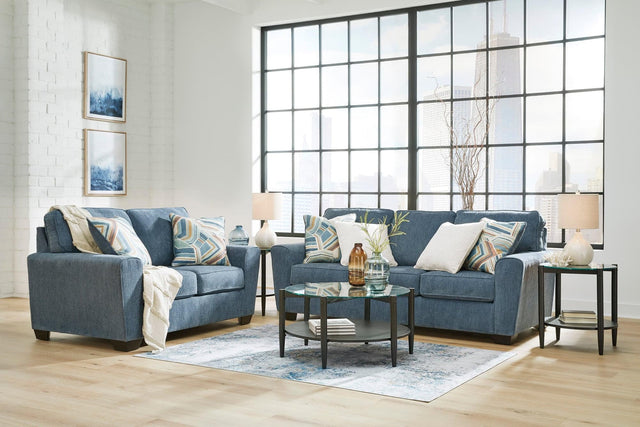 Ashley Blue Fabric Upholstered Sofa Loveseat front view showing blue fabric and wooden base