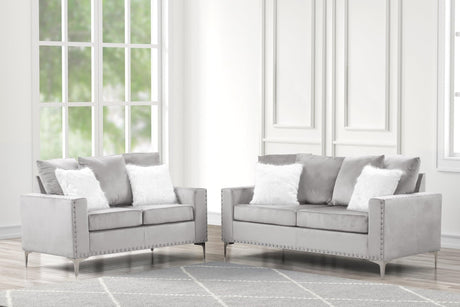 Cinderella Silver Velvet Upholstered Living Room Set front view with sofa and loveseat in silver velvet