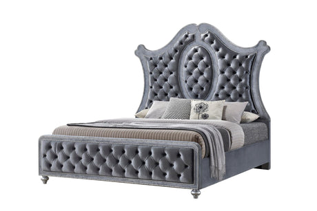 Cameo Gray Tufted Faux Leather Upholstered Queen Panel Bed front view