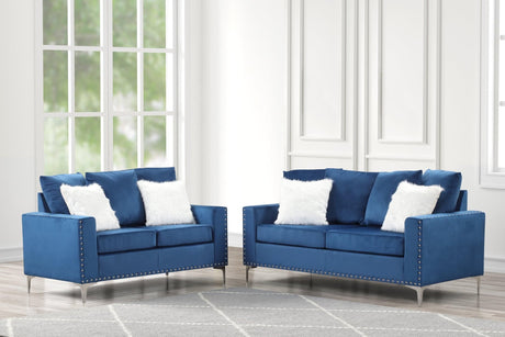Cinderella blue velvet upholstered sofa and loveseat set, front view