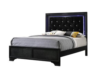 Front view of Micah Black Velvet Upholstered Queen Panel Bed with LED lights