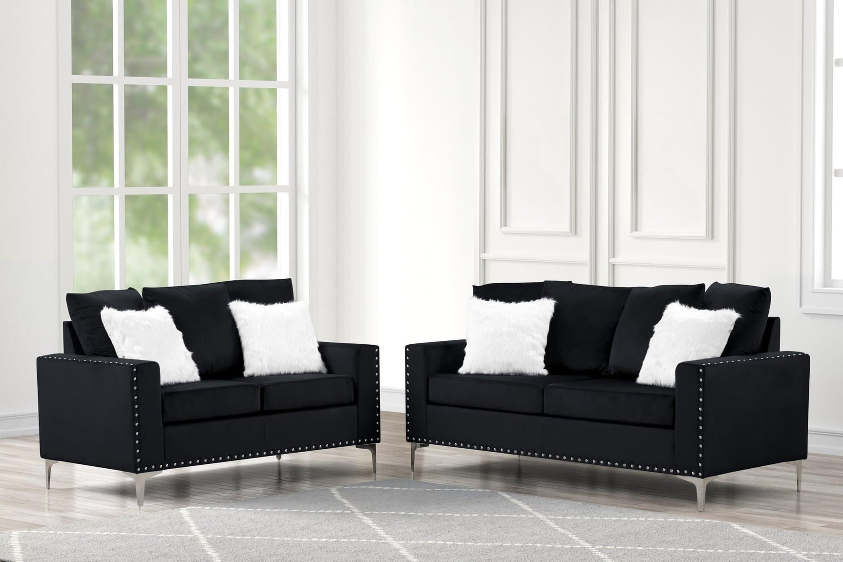 Cinderella black velvet sofa front angle with plush fur pillows