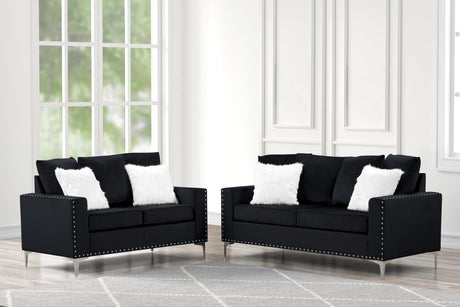 Cinderella black velvet sofa front angle with plush fur pillows