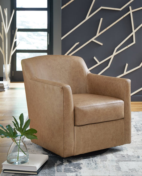 Bradney Tumbleweed Swivel Accent Chair front angle view with leather upholstery