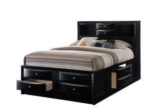 Emily Black queen platform bed angled front view with storage drawers