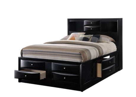 Emily Black queen platform bed angled front view with storage drawers