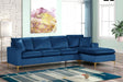 Amber blue velvet upholstered reversible sectional sofa front angle