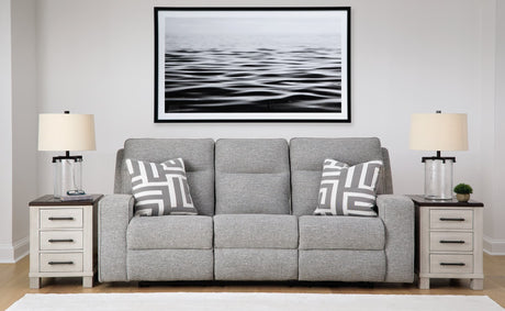 Biscoe Pewter Textured Nuvella Power Reclining Sofa front view reclining