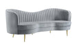 Sophia gray velvet loveseat front view with camel back and gold legs