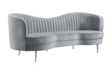 Sophia gray velvet loveseat front view with camel back and gold legs