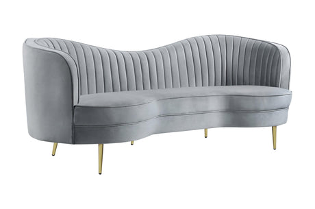 Sophia gray velvet loveseat front view with camel back and gold legs