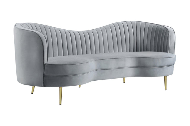 Sophia gray velvet loveseat front view with camel back and gold legs