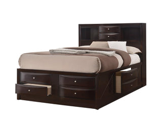 Emily dark cherry queen storage platform bed showing front angle with upholstered headboard