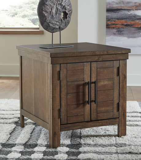 Moriville Grayish Brown End Table front view with cabinet doors closed