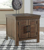 Moriville Grayish Brown End Table front view with cabinet doors closed