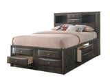 Emily Gray Queen Storage Platform Bed, front view in gray upholstery