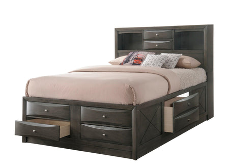 Emily Gray Queen Storage Platform Bed, front view in gray upholstery