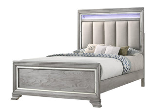 Vail Gray LED Fabric Upholstered Queen Panel Bed front angle showing headboard with LED lights