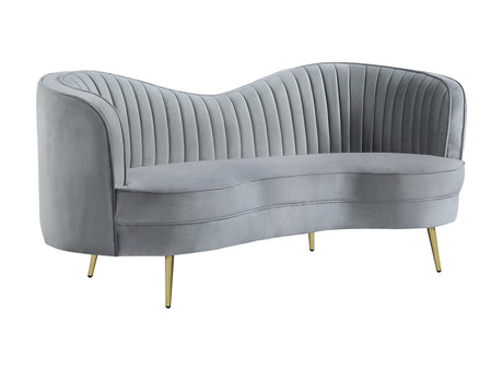 Sophia sofa front view showing camel back and gold details