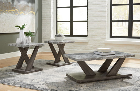 Bensonale 3-piece table set with coffee table and two end tables in brown gray finish