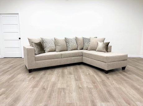 Beige chenille fabric upholstered sectional sofa, main front view