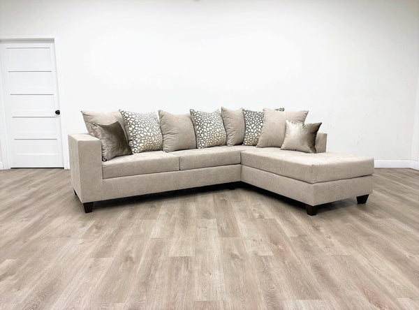 Beige chenille fabric upholstered sectional sofa, main front view