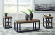 Landocken coffee table with brown wood-tone tabletop and slate blue frame showing casters