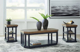 Landocken coffee table with brown wood-tone tabletop and slate blue frame showing casters