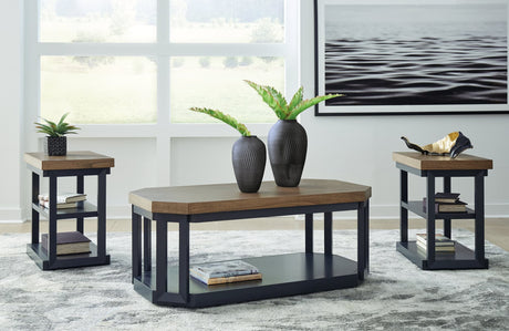 Landocken coffee table with brown wood-tone tabletop and slate blue frame showing casters