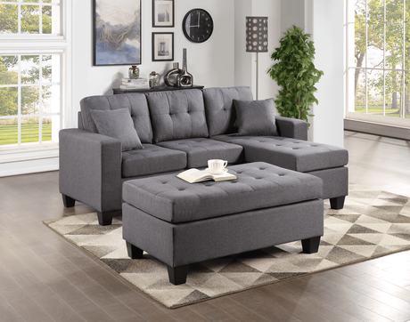 front view of Naomi grey linen tufted sectional sofa with reversible chaise and ottoman